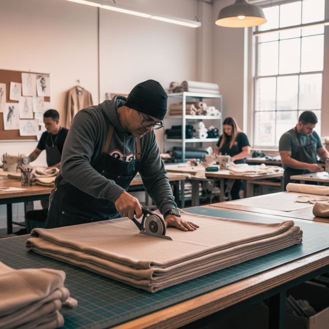 Person working with fabric in a workshop setting