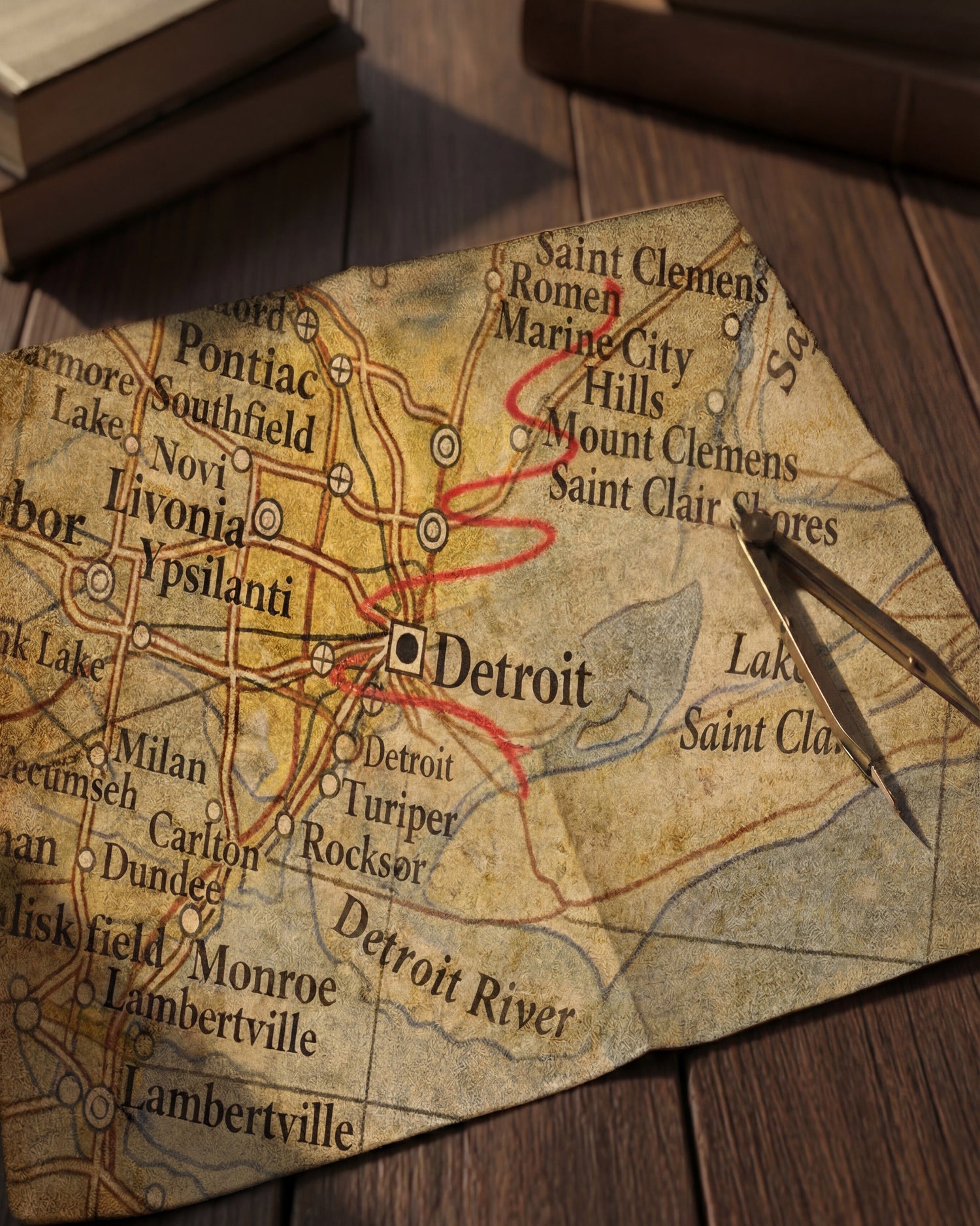 Vintage map of Detroit on a wooden surface with a feather