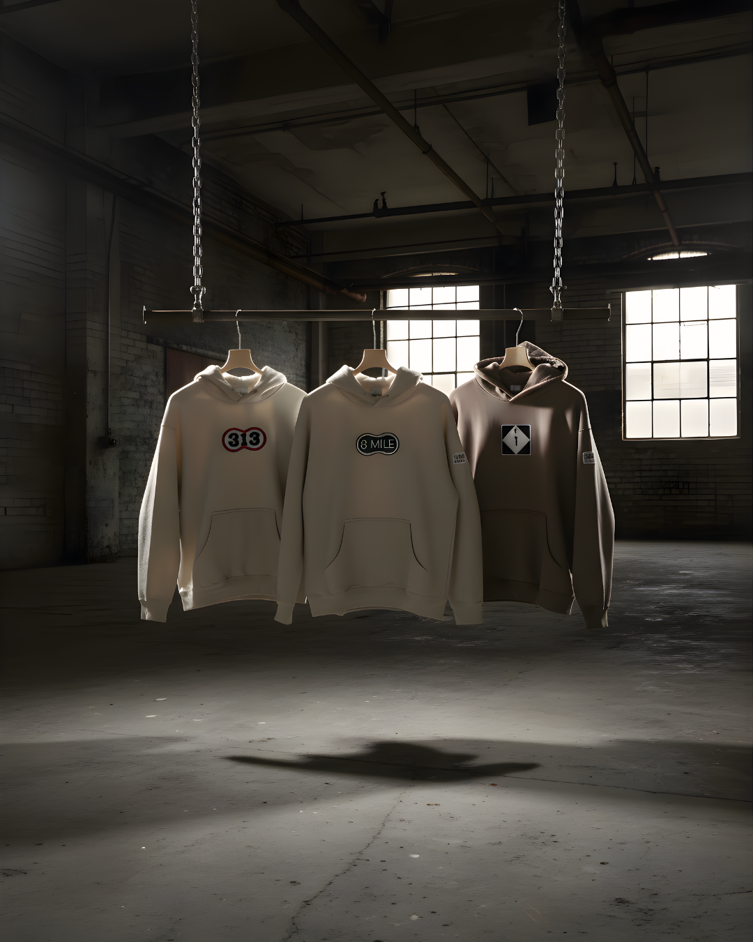 Three hoodies hanging on a rack in a dimly lit warehouse.